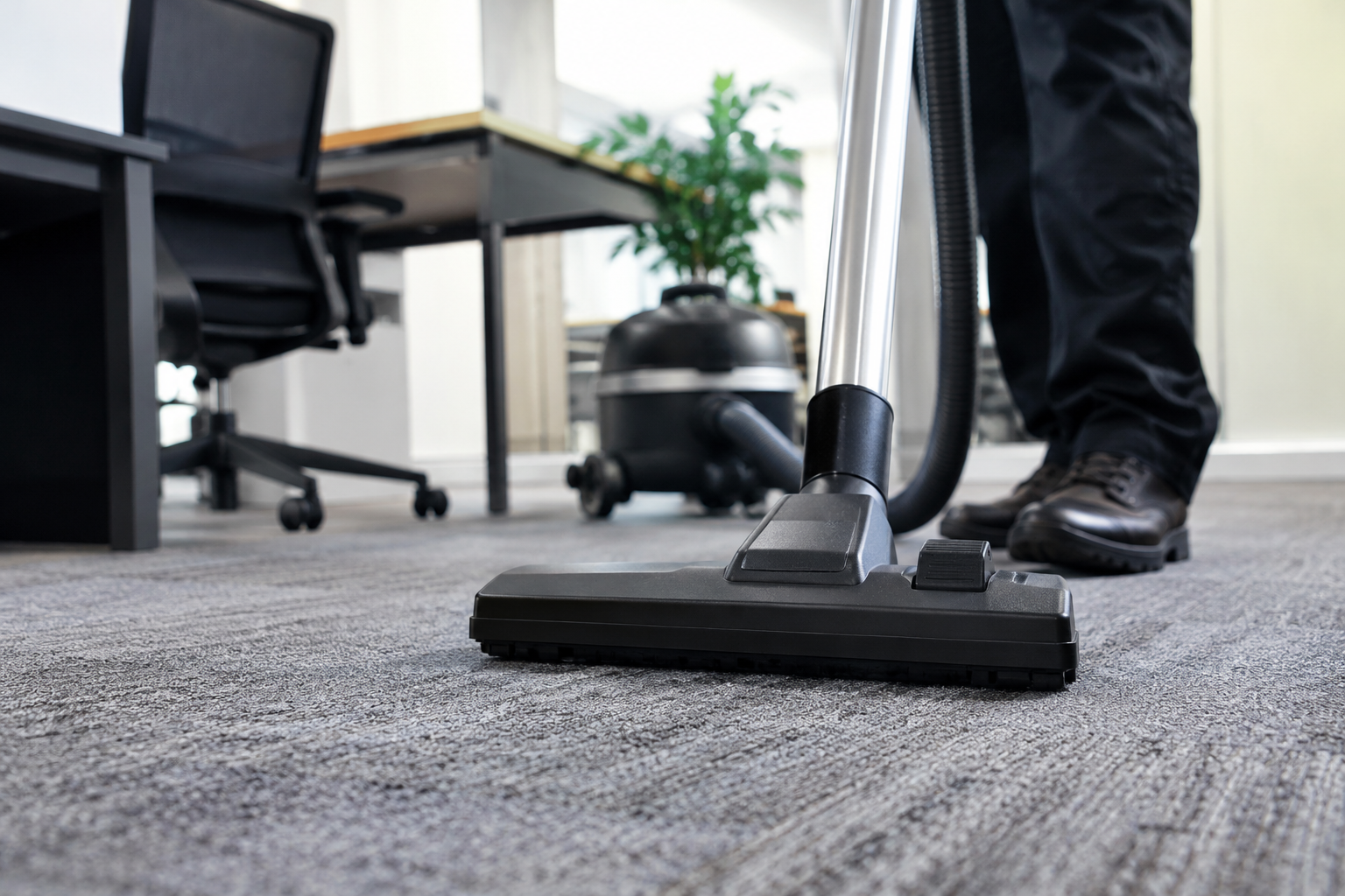 Person vacuuming office carpet with a vacuum cleaner.