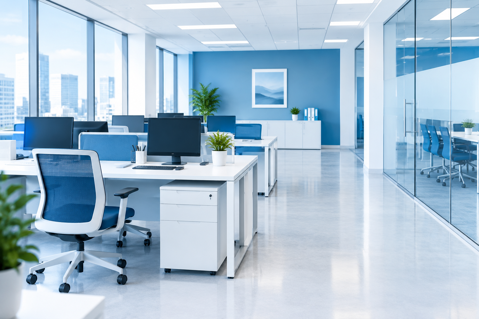 Modern office with white desks and blue chairs, large windows showing a city skyline, potted plants, and framed artwork on a blue wall.