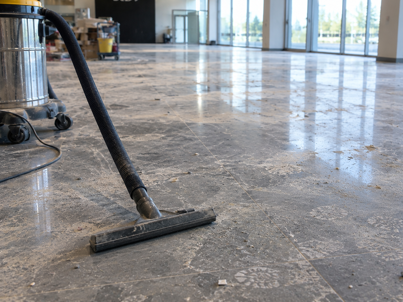 Vacuum cleaner cleaning dusty tile floor in commercial space with large windows.