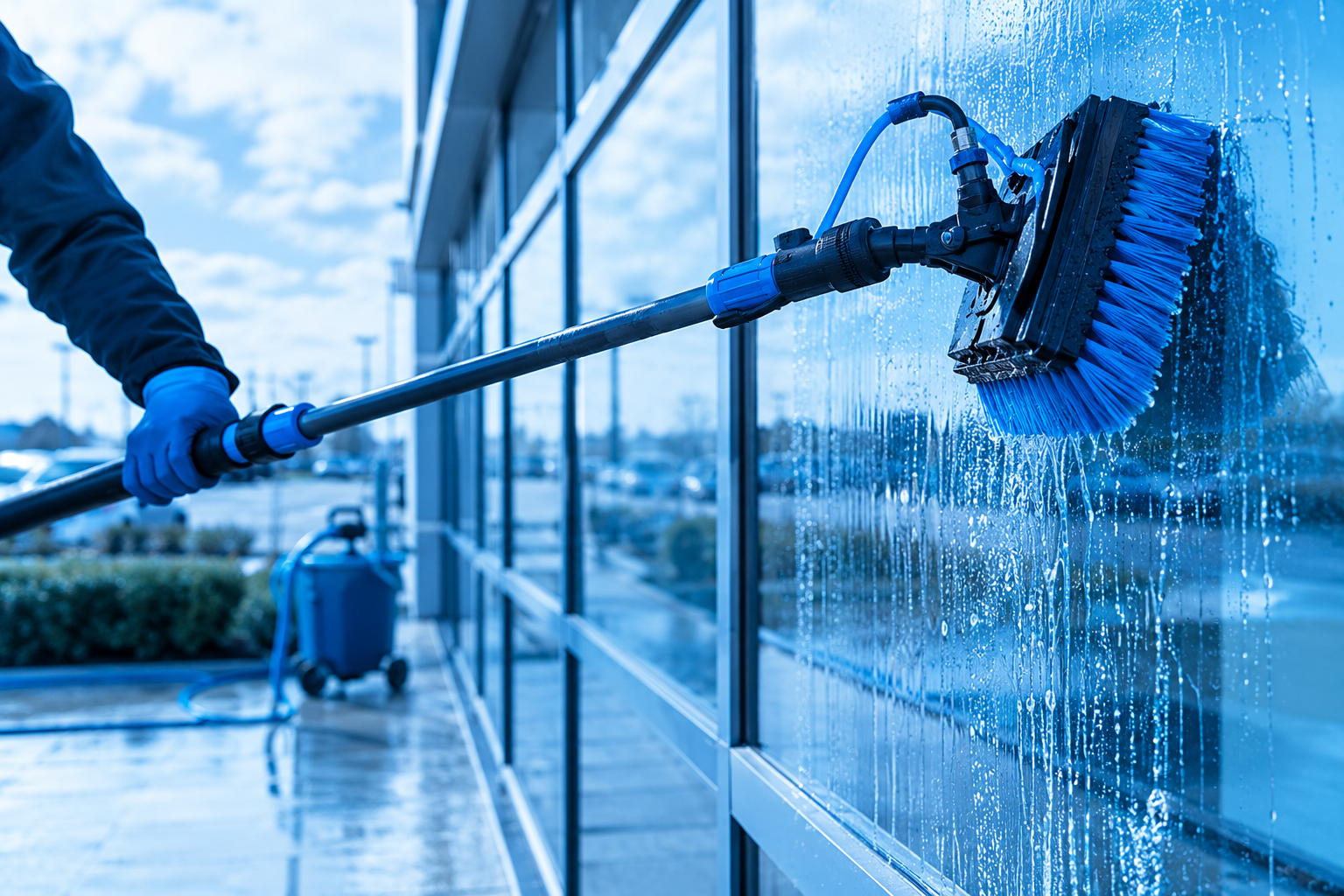 A person in blue gloves cleaning large glass windows with a blue-bristled brush attached to an extension pole outdoors on a sunny day.