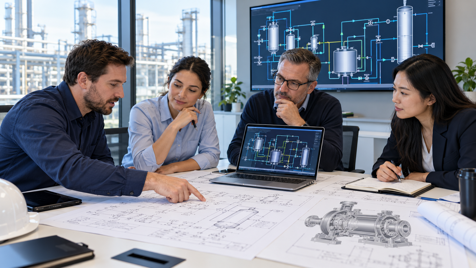 Illustrative engineering project meeting discussing process automation solutions and technical drawings.