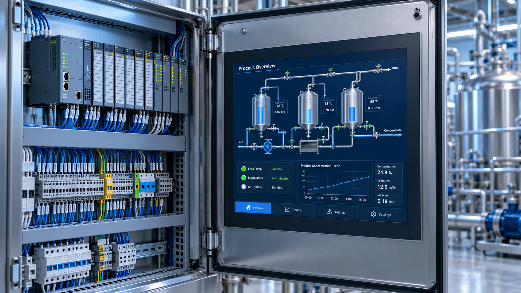 Illustrative industrial PLC cabinet and HMI showing a process plant overview.
