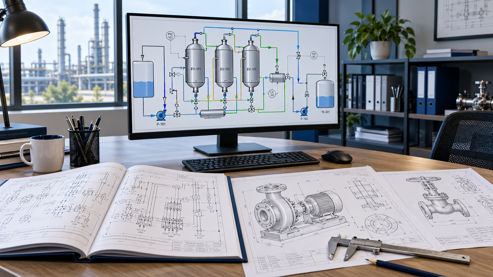 Illustrative engineering workstation with a process flow diagram, electrical schematics, and pump and valve drawings.