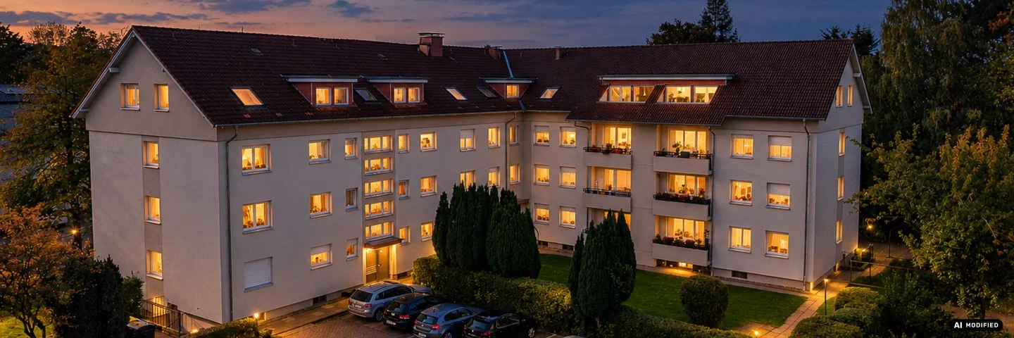 immobilienfotograf_bielefeld: foto eines mehrfamilienhauses am abend mit beleuchtung