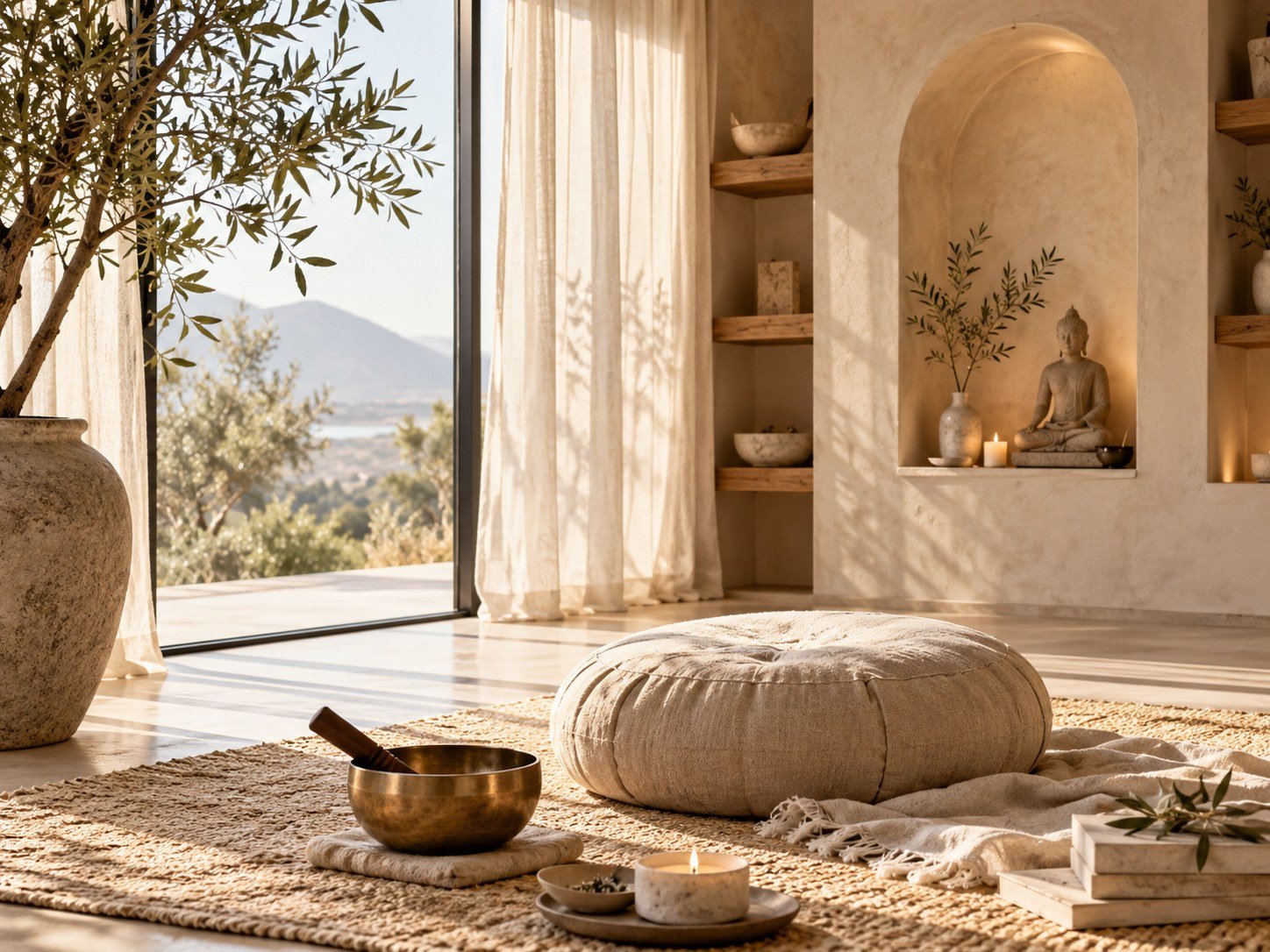 Sunlit meditation room with arched niche, Buddha statue, cushion and singing bowl