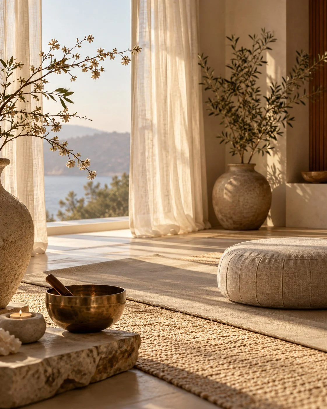 Sunlit meditation room with singing bowl, cushion and sea view