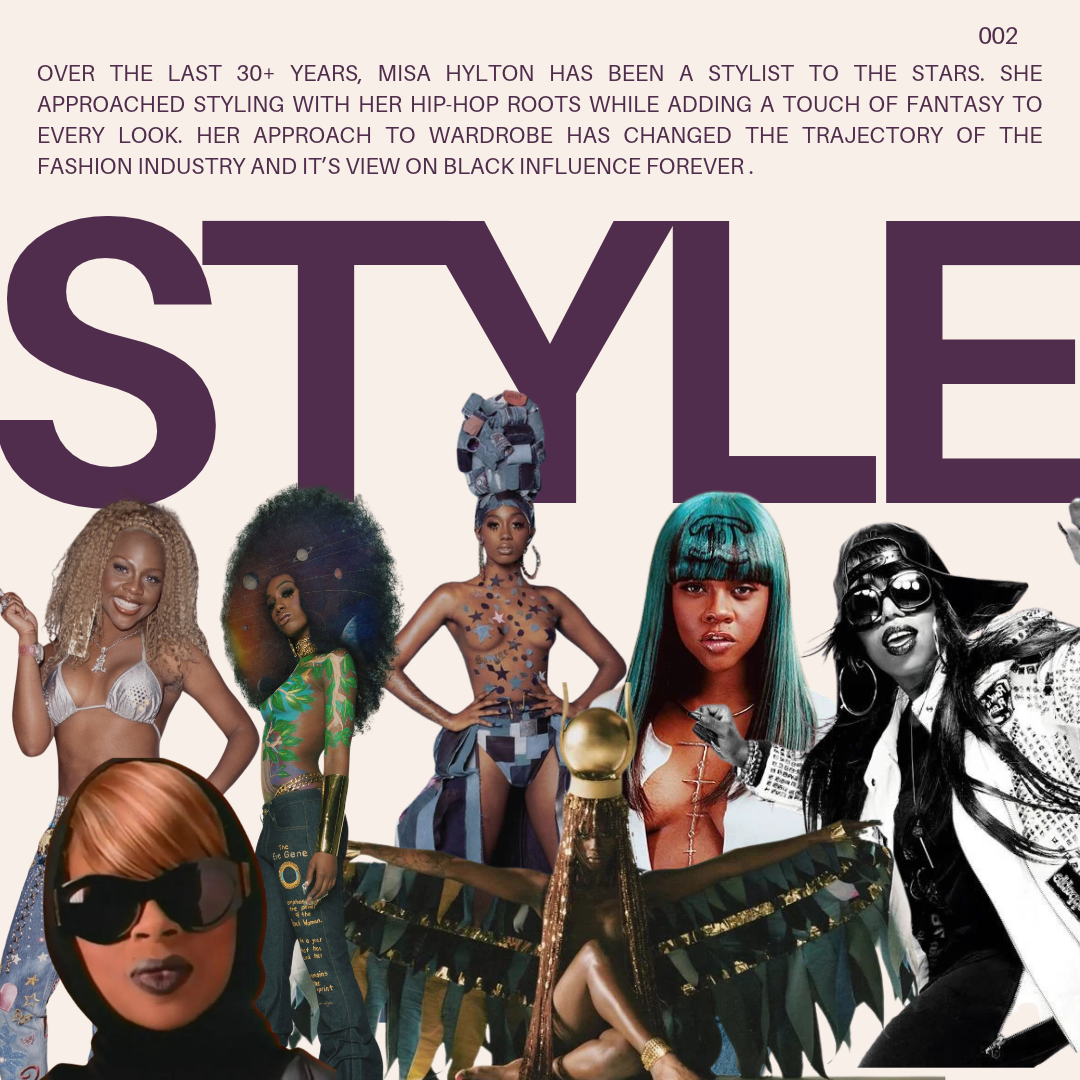 Collage of diverse female models in various fashionable outfits, with large purple text spelling 'STYLE' and a paragraph about Misa Hylton's influence on fashion.
