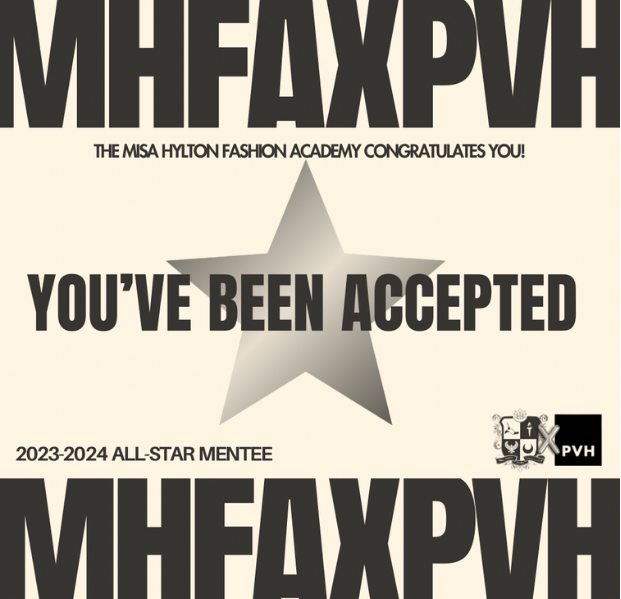 Certificate or poster announcing acceptance as a 2023-2024 all-star mentee at MISA HYLTON Fashion Academy, featuring a large star graphic and text reading "YOU'VE BEEN ACCEPTED."
