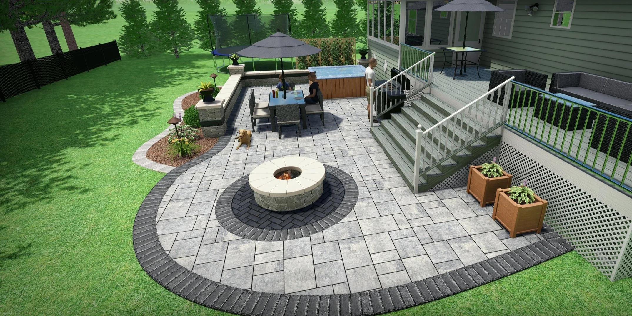 A backyard patio with a fire pit, outdoor furniture, potted plants, a trampoline, and a hot tub. There are a few people and a dog enjoying the space, with green grass and trees around.