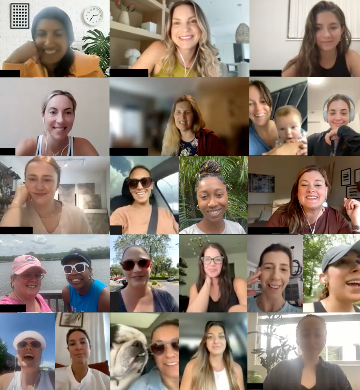 Collage of women participating in a video conference, including a mother holding a baby and several outdoor portraits.