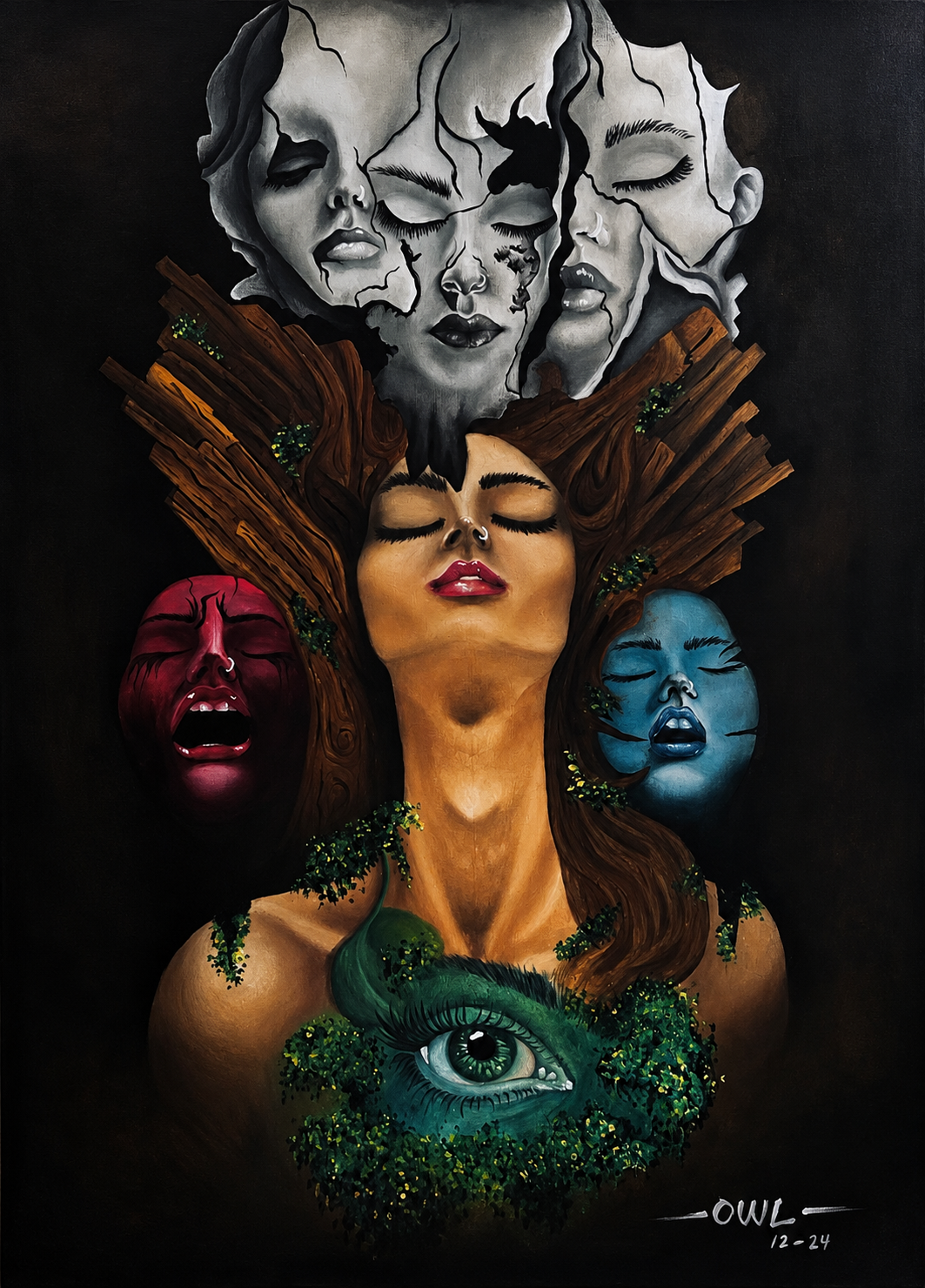 Retrato surreal de rostros fracturados y ojo verde.png