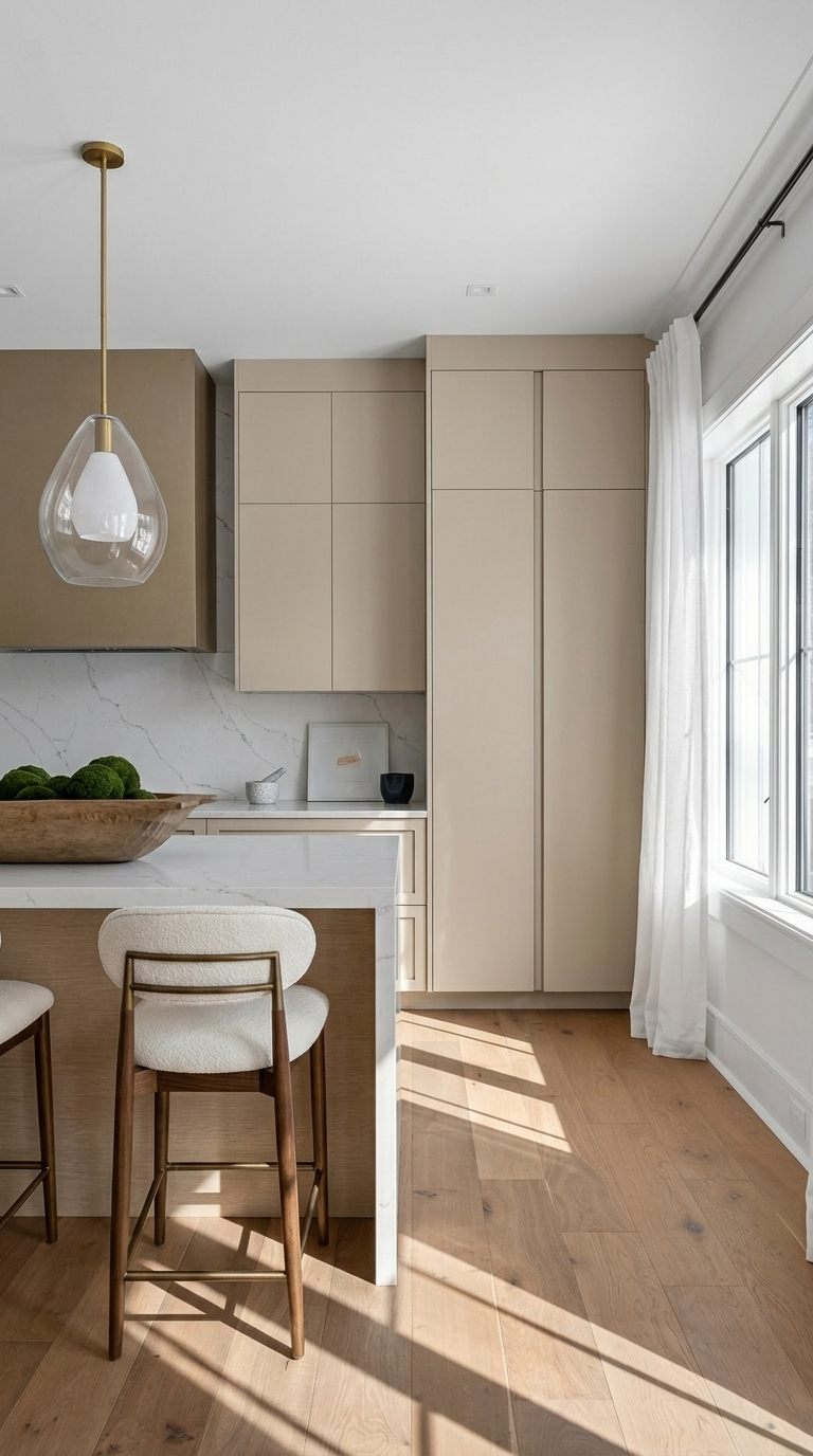 Signature finish palette kitchen with light oak cabinetry and marble island