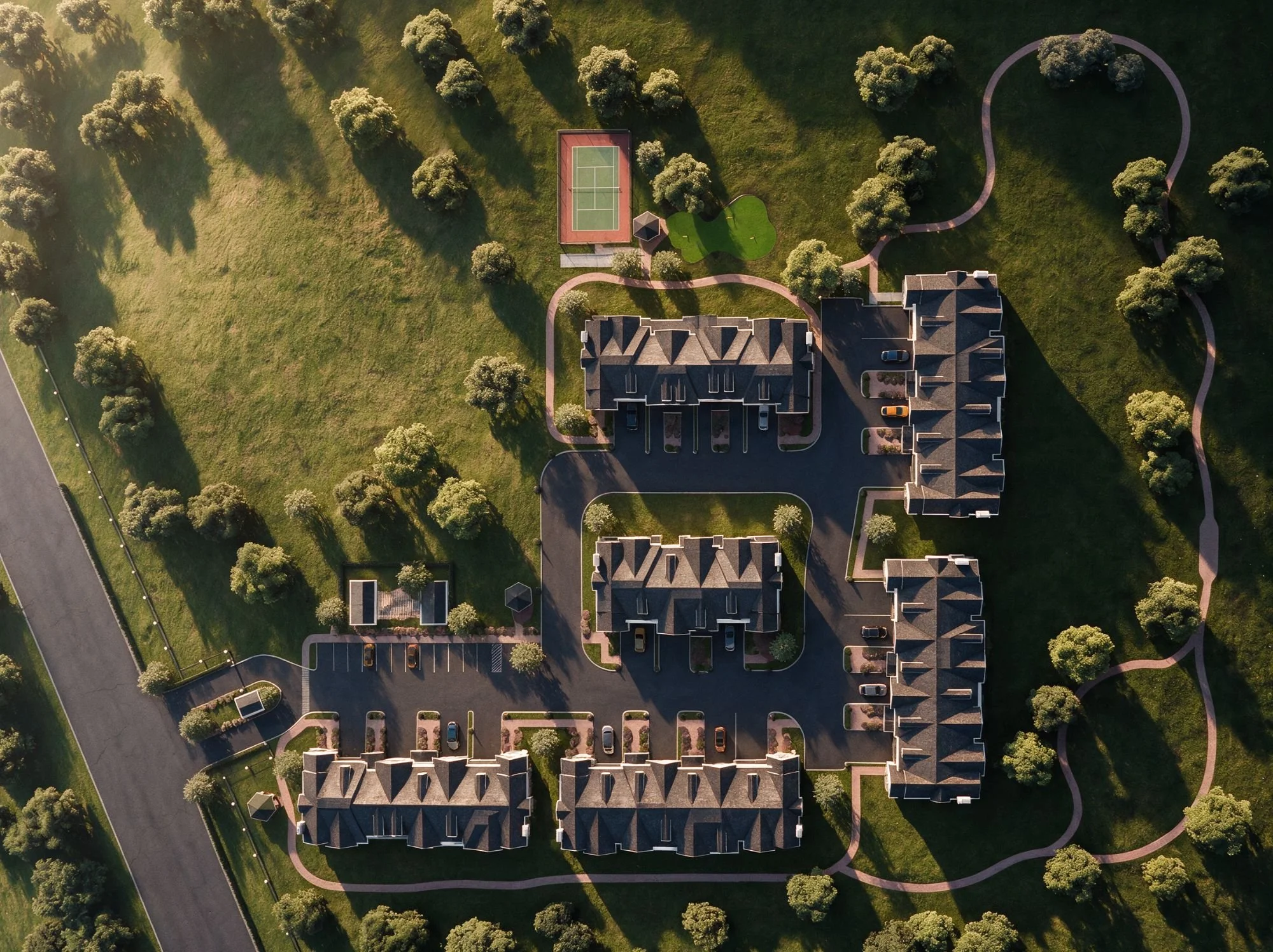 Aerial view of the Upper Grande Rockleigh townhomes, tennis court and walking paths