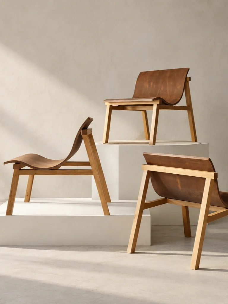 Three wooden chairs with curved seats and backs, displayed on white pedestals against a plain wall.