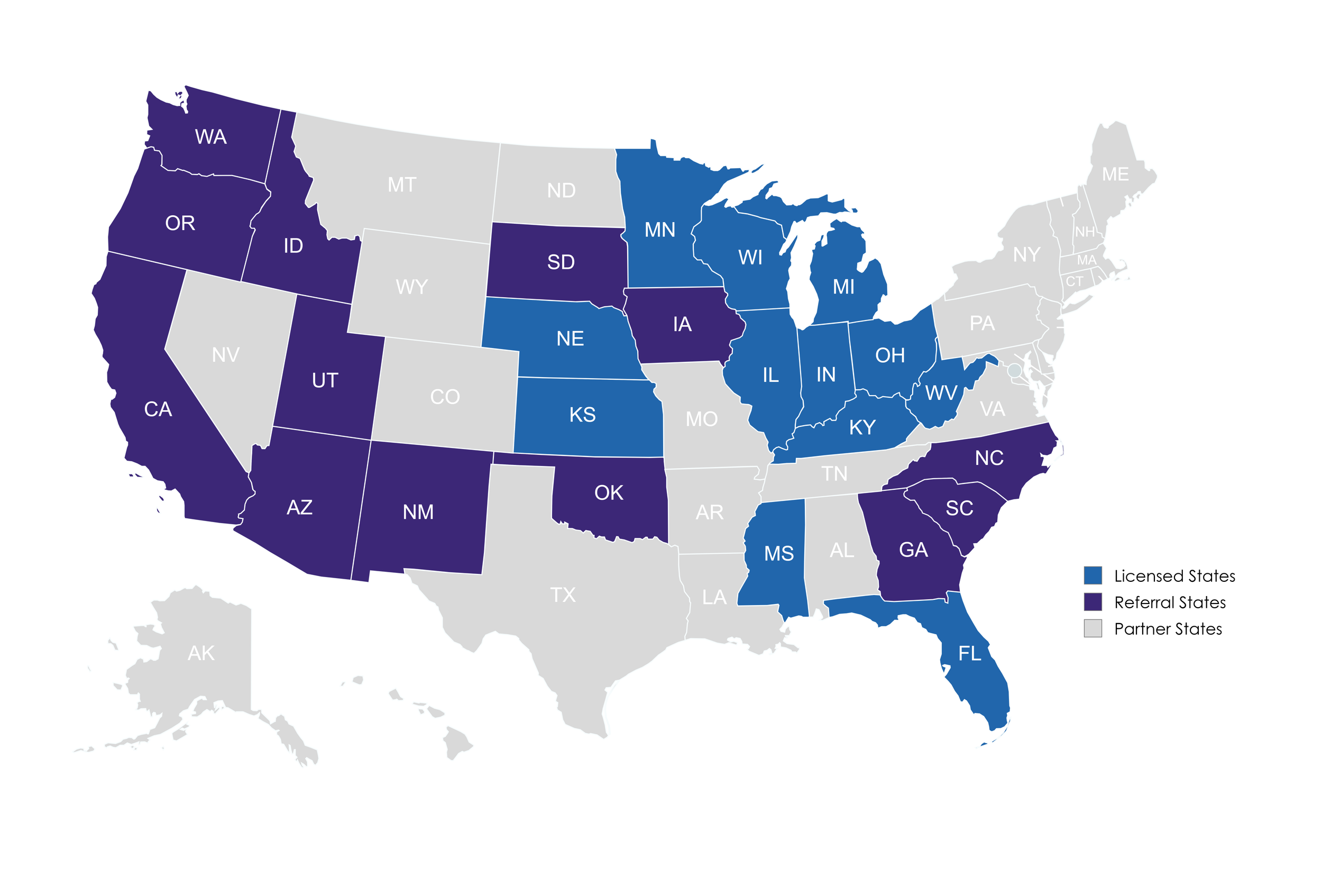 United States map showing states categorized as Licensed States in blue, Referral States in purple, and Partner States in gray.