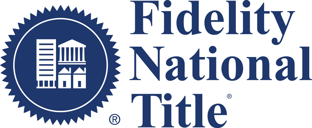 Fidelity National Title logo featuring a blue circular seal with stylized buildings inside and the company name written next to it.