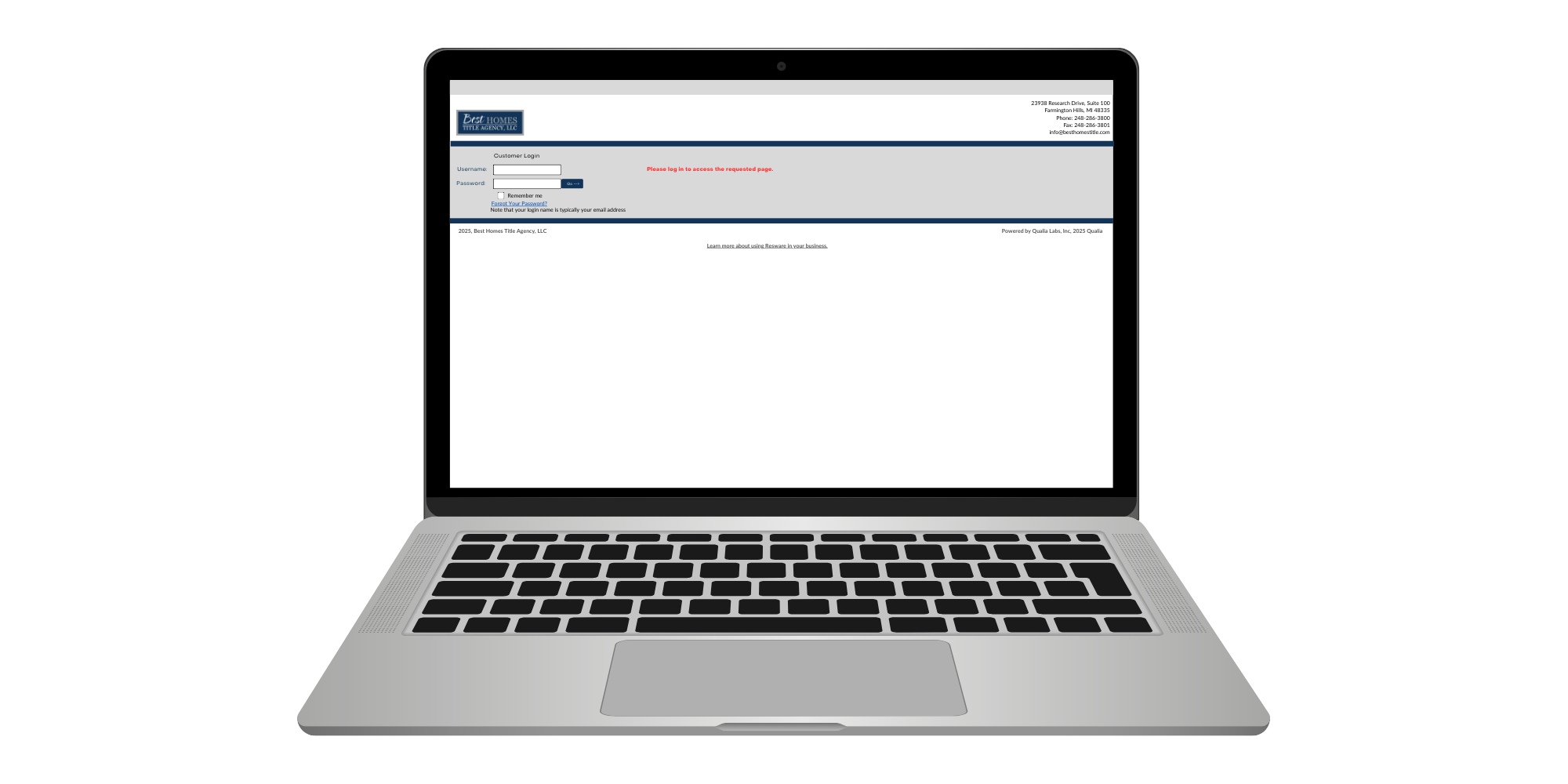 Laptop computer displaying a login page for a real estate website called Best Homes Title Agency, LLC, with a message to log in to access the page.