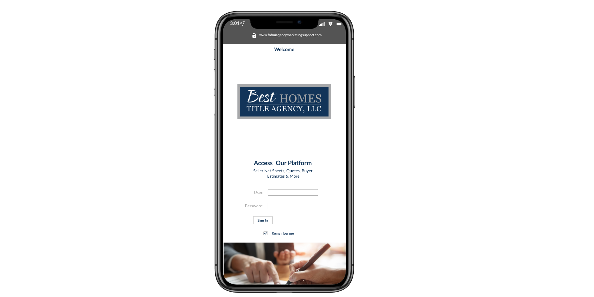 Mobile phone displaying the login page for Best Homes Title Agency, LLC website with a sign-in form for user credentials.