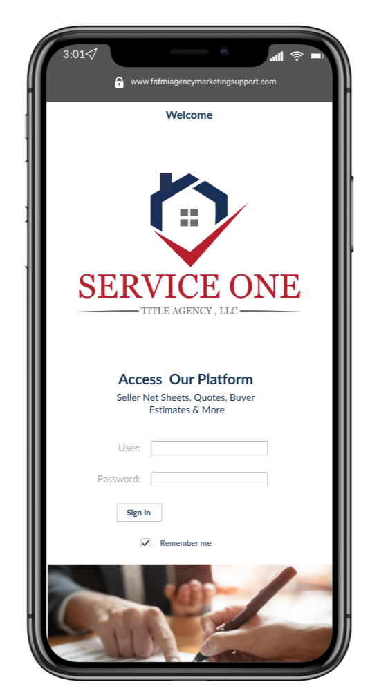 Mobile phone screen displaying a real estate website with a logo, the text "SERVICE ONE" and a login form, along with an image of two people signing documents at a table.