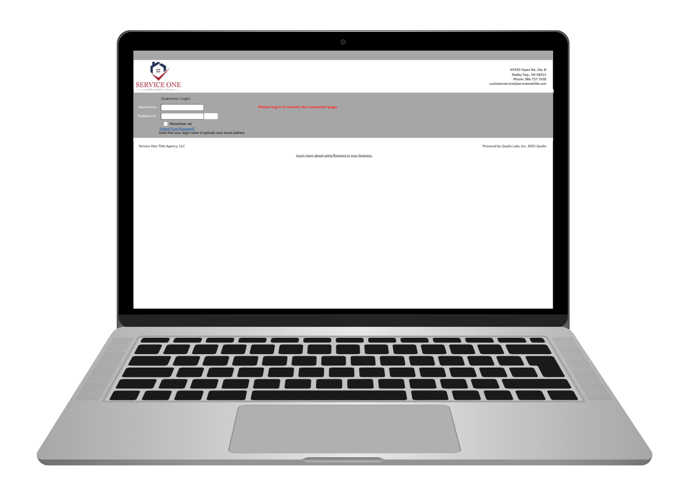 A laptop displaying a login page for Service One, a home improvement business, including a logo, address, contact info, and a login form with username and password fields.