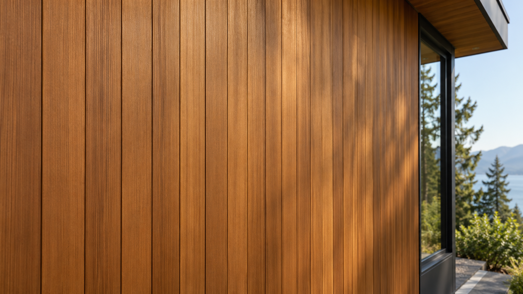 Clear vertical-grain thermally modified hemlock tongue-and-groove cladding with a warm brown finish.
