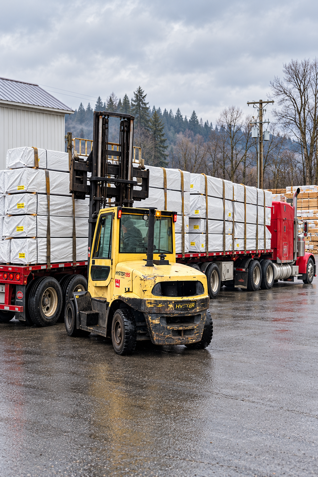 Forklift loading wrapped lumber bundles beside a truck in the Morwood mill yard.