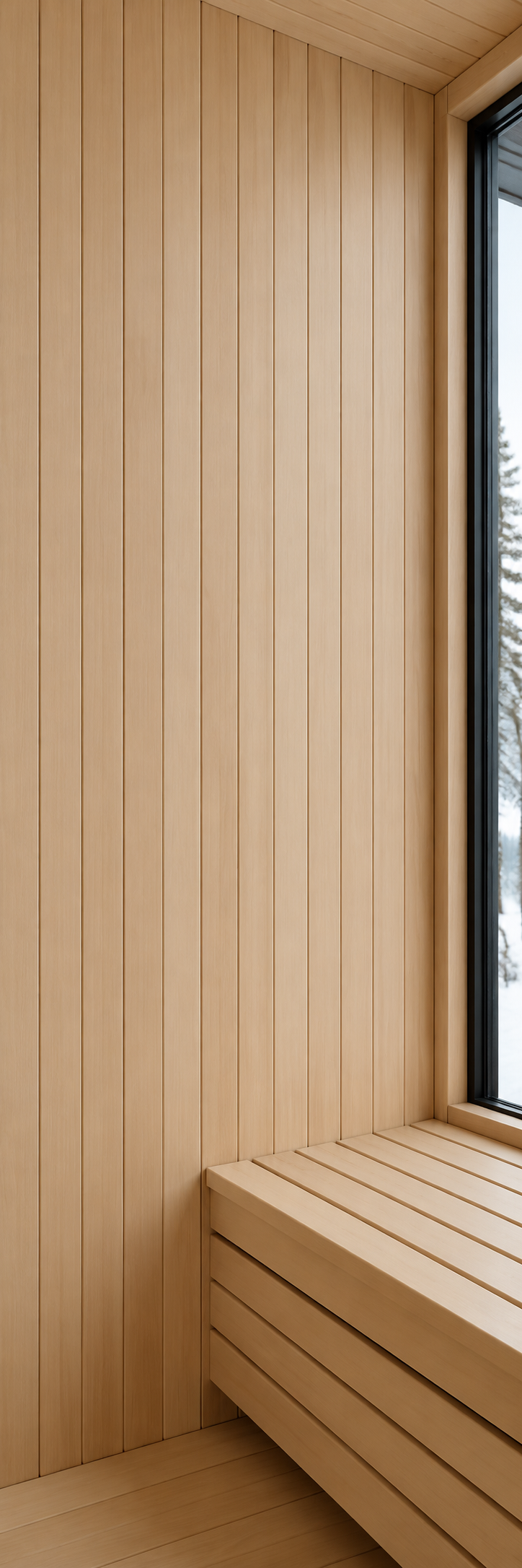 Kiln-dried clear vertical-grain Western Hemlock installed as vertical tongue-and-groove wall cladding.
