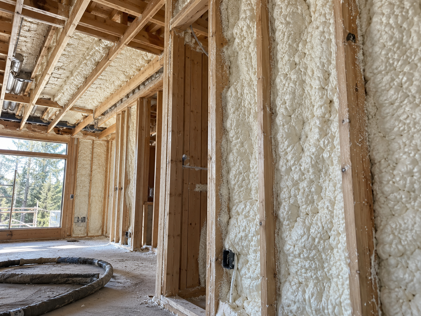 Interior of a house under construction with exposed wooden framing and spray foam insulation on the walls and ceiling, large window in the background showing trees outside, and construction hoses on the unfinished floor.