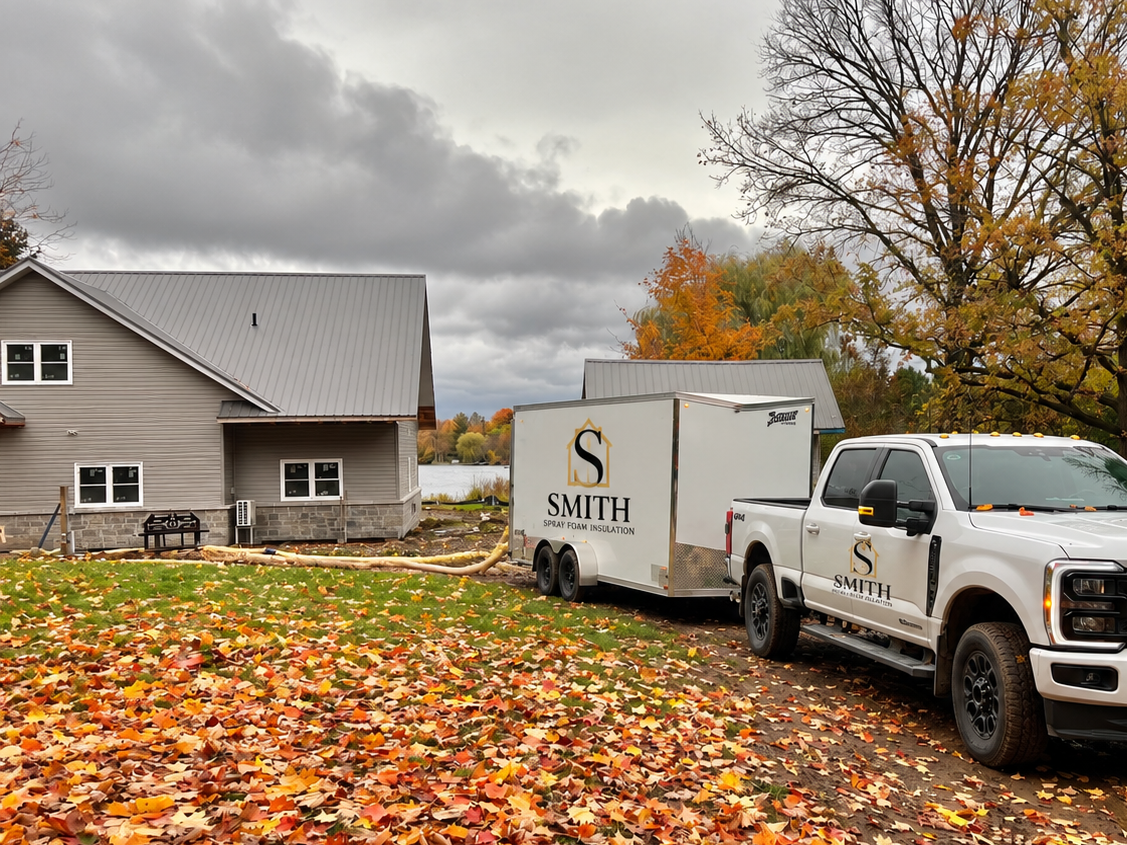 A gray two-story house under construction with a metal roof, surrounded by fall leaves, near a body of water. Construction equipment and a white trailer are present in the yard.
