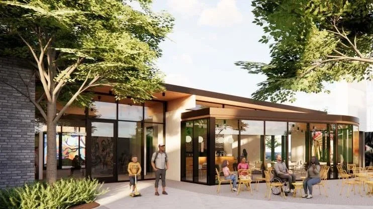 Architectural rendering of the future West Edge Arts park featuring a modern glass pavilion, outdoor café seating, vibrant public art murals, landscaped gardens, mature trees, and welcoming a diverse range of visitors.