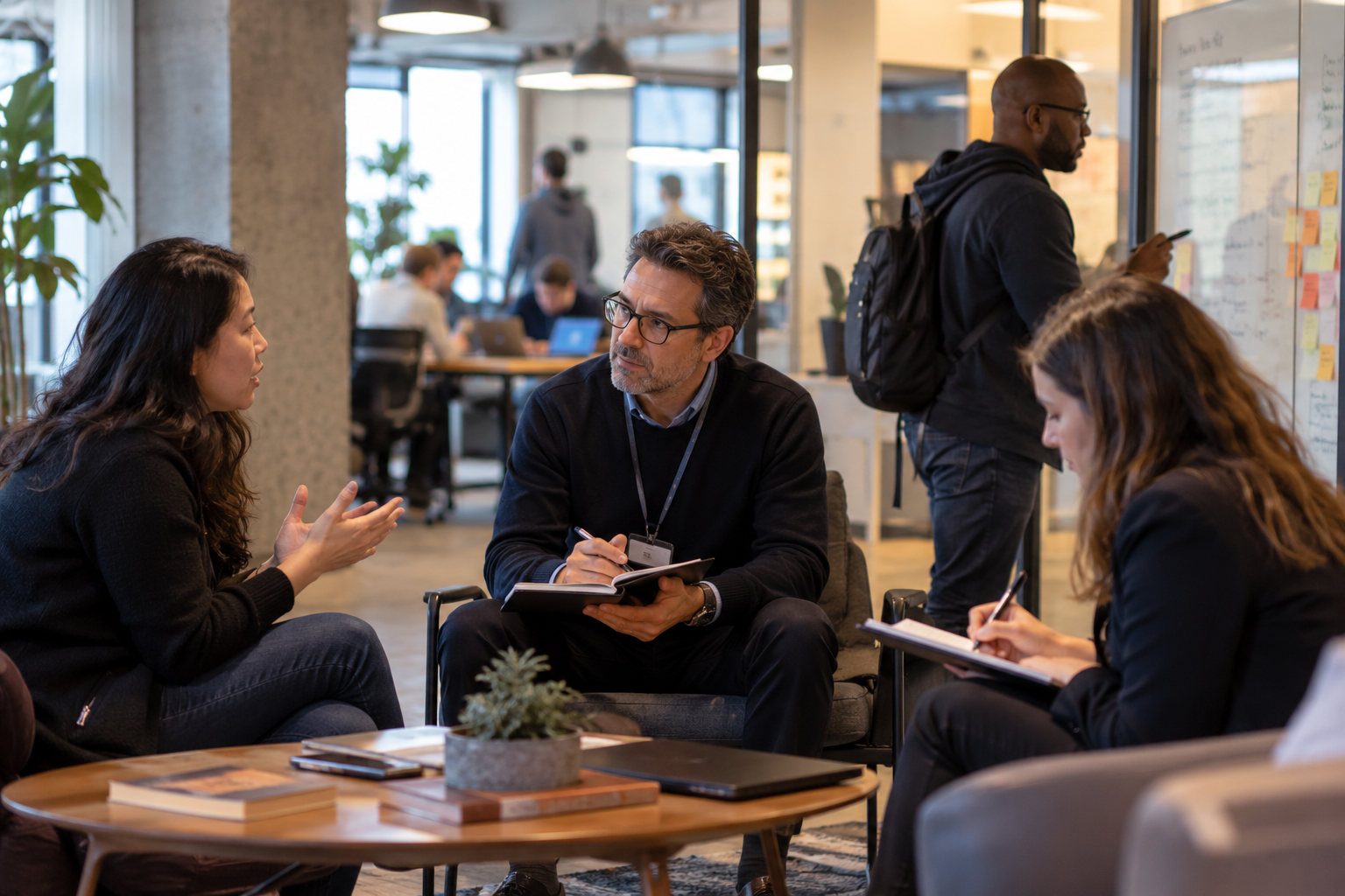 Three people having a discussion in an office lounge area, with one person taking notes and another speaking passionately.