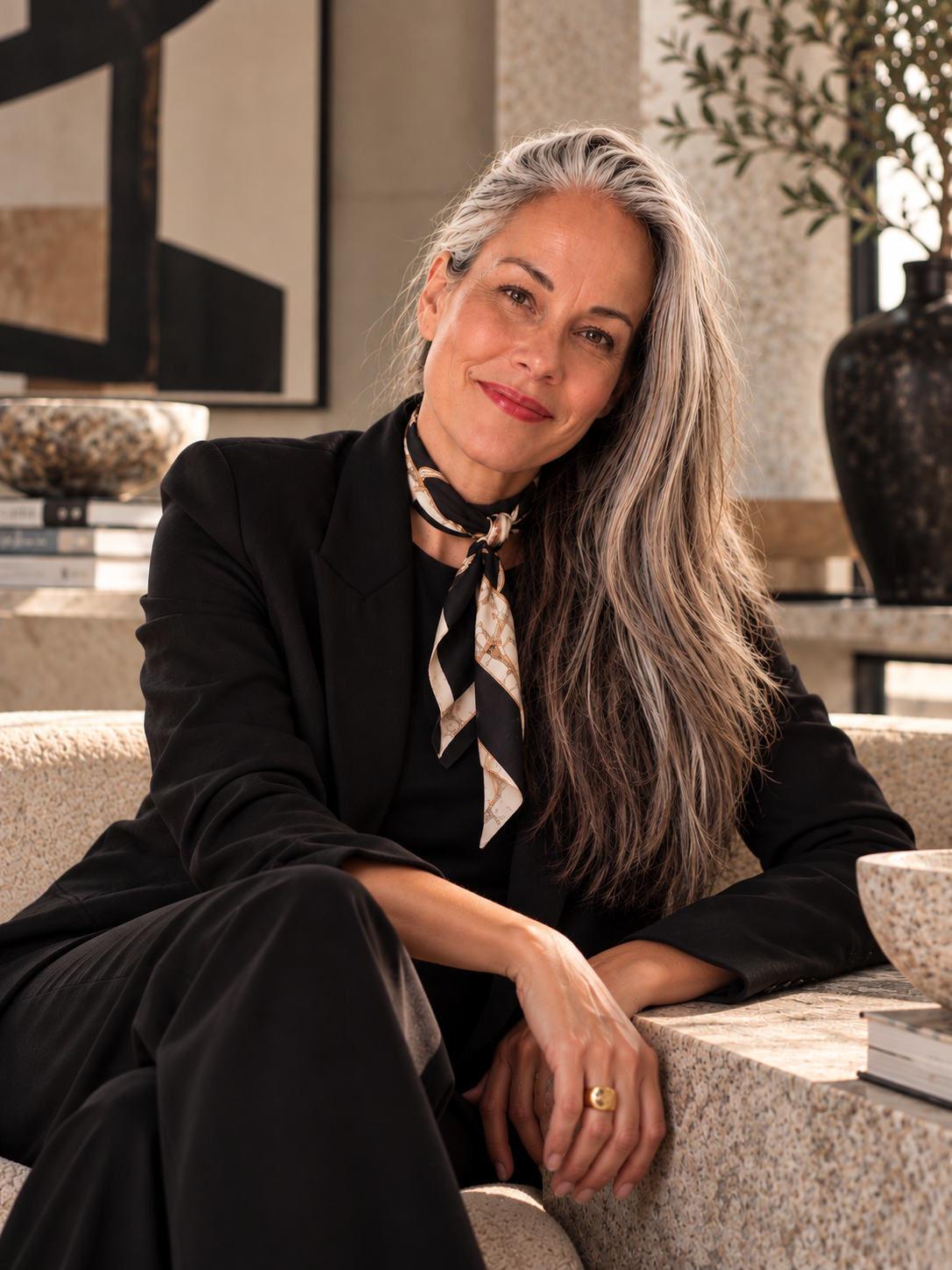A confident middle-aged woman with gray hair and a friendly smile poses in a modern interior setting. She is wearing a black blazer, a patterned silk scarf, and a gold ring, sitting casually at a marble table with a textured beige surface. The background includes books, artwork, a large black vase, and decor items, indicating a stylish and sophisticated environment.