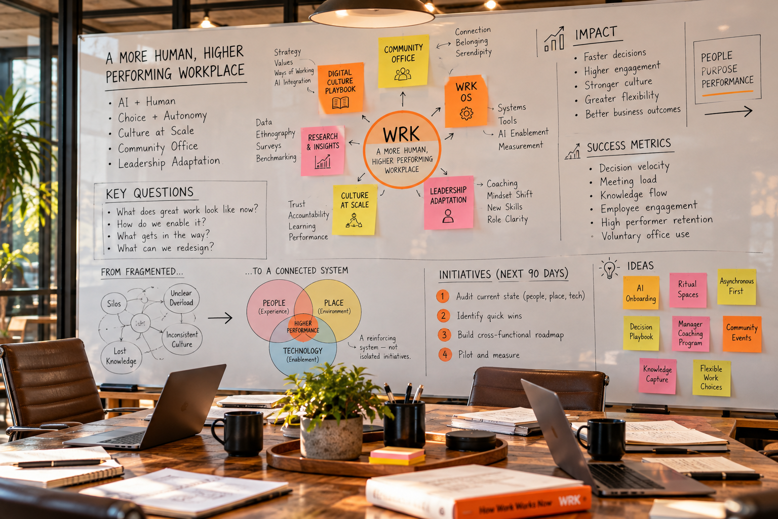 A large whiteboard with business strategy, community office, work system, leadership, research insights, key questions, initiatives, and ideas related to creating a more human, higher performing workplace. The whiteboard features colorful sticky notes, charts, and handwritten notes and diagrams. The conference room has a wooden table, laptops, notebooks, a plant, and coffee mugs positioned in front of the whiteboard.