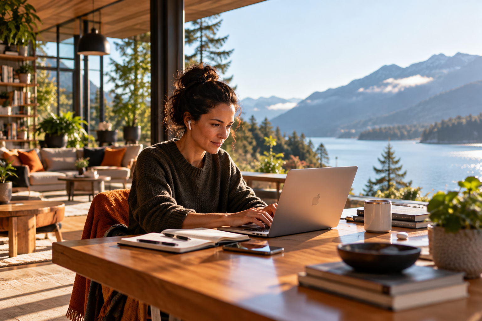 Woman working on a silver laptop at a wooden table in a bright room with large windows, overlooking a scenic view of mountains, trees, and a lake.