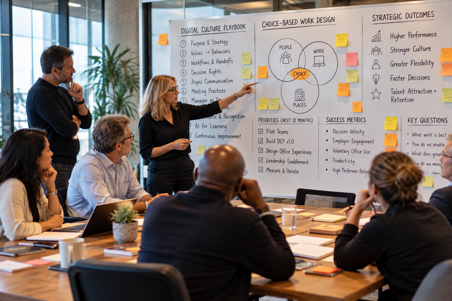 Business meeting in a conference room with a woman presenting a whiteboard with charts and sticky notes to a group of seated professionals.