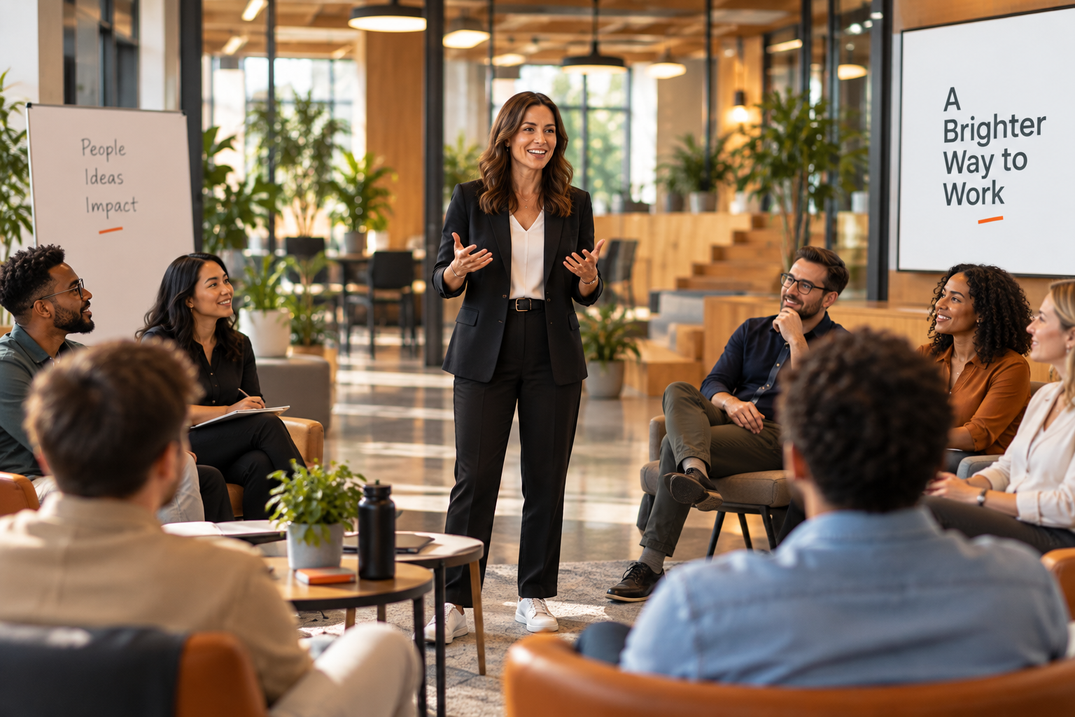 A woman in a black suit giving a presentation to a small group in a modern, well-lit office space with plants and large screens.