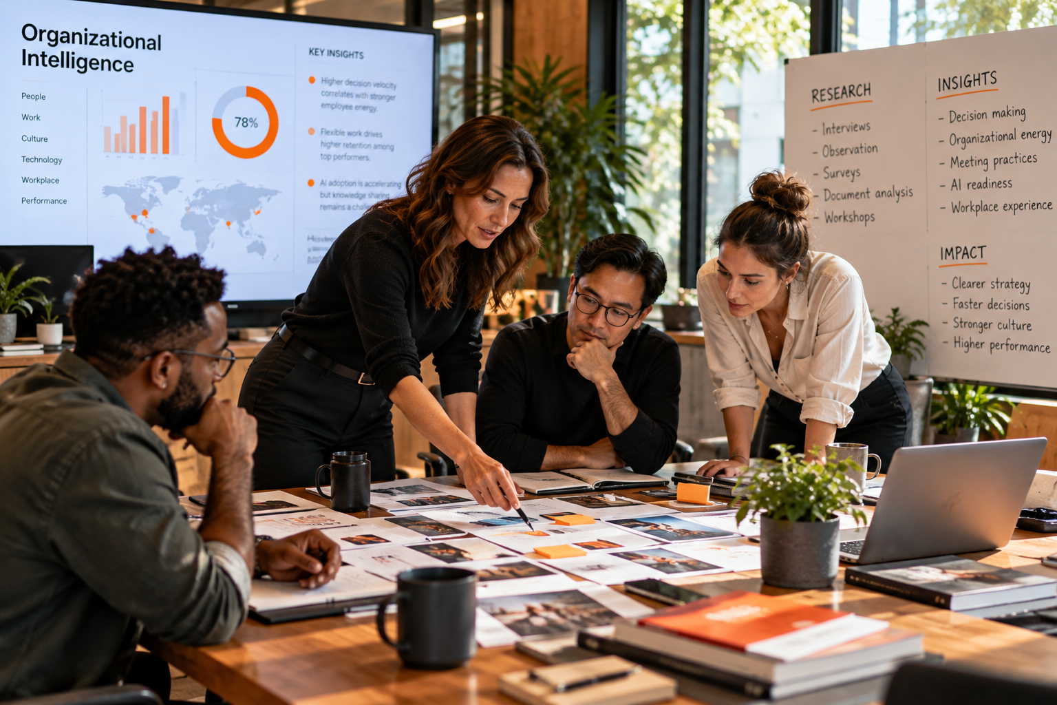 Four diverse colleagues in a meeting room discuss documents on a table with laptops and mugs, with a large screen displaying data and a whiteboard with research and insights notes.