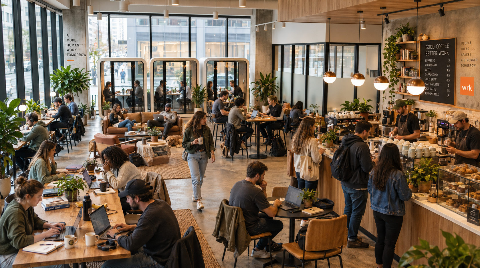Inside a modern coffee shop with customers working on laptops, ordering at the counter, and socializing. The shop features large windows, plants, and a menu board, creating a cozy and bustling atmosphere.