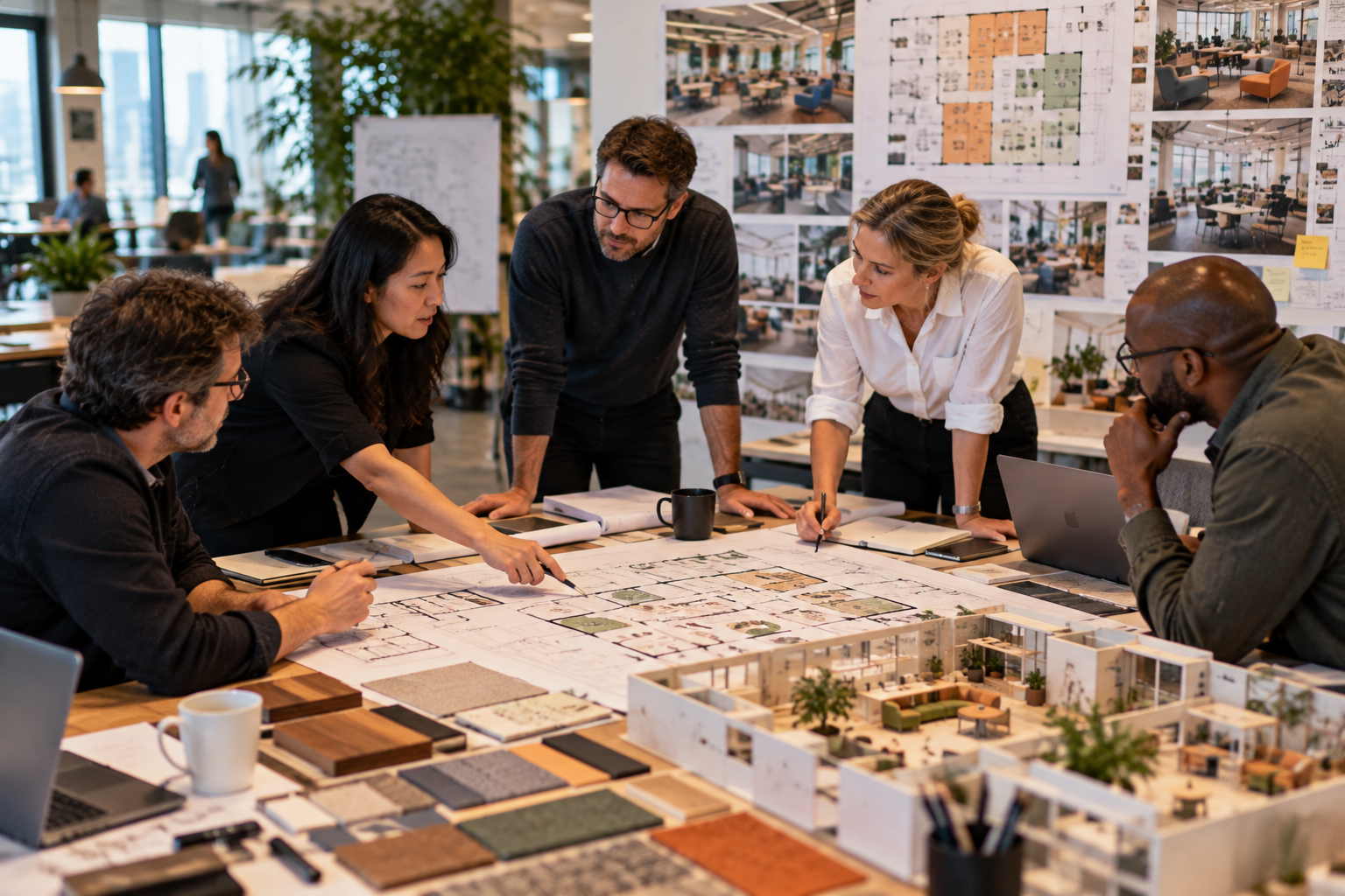 A diverse group of five people collaborating around a table with architectural plans, samples, and a scale model in a modern, well-lit office with design boards and interior images on the walls.