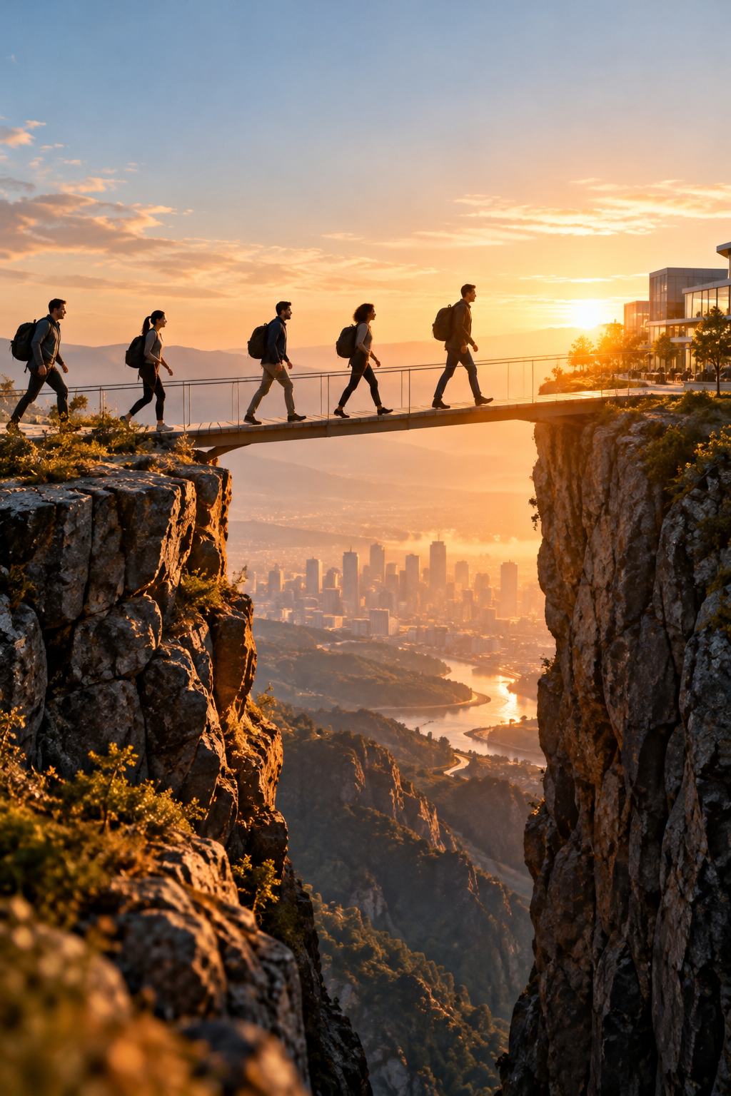 People hiking across a bridge high above a city at sunset with mountains and a river below.