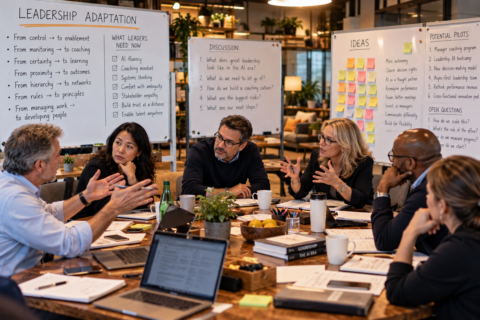 People in a meeting room discussing leadership adaptation, with whiteboards filled with notes and ideas in the background.