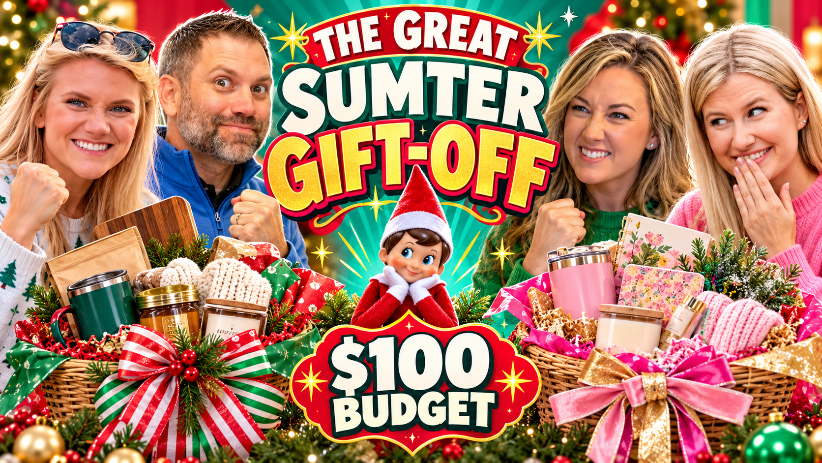 Four smiling people, two women and two men, sitting behind Christmas baskets filled with gifts, food, and decorations. The background features Christmas lights and decorated trees. The text reads 'The Great Sumter Gift-Off $100 Budget' with a festive design.