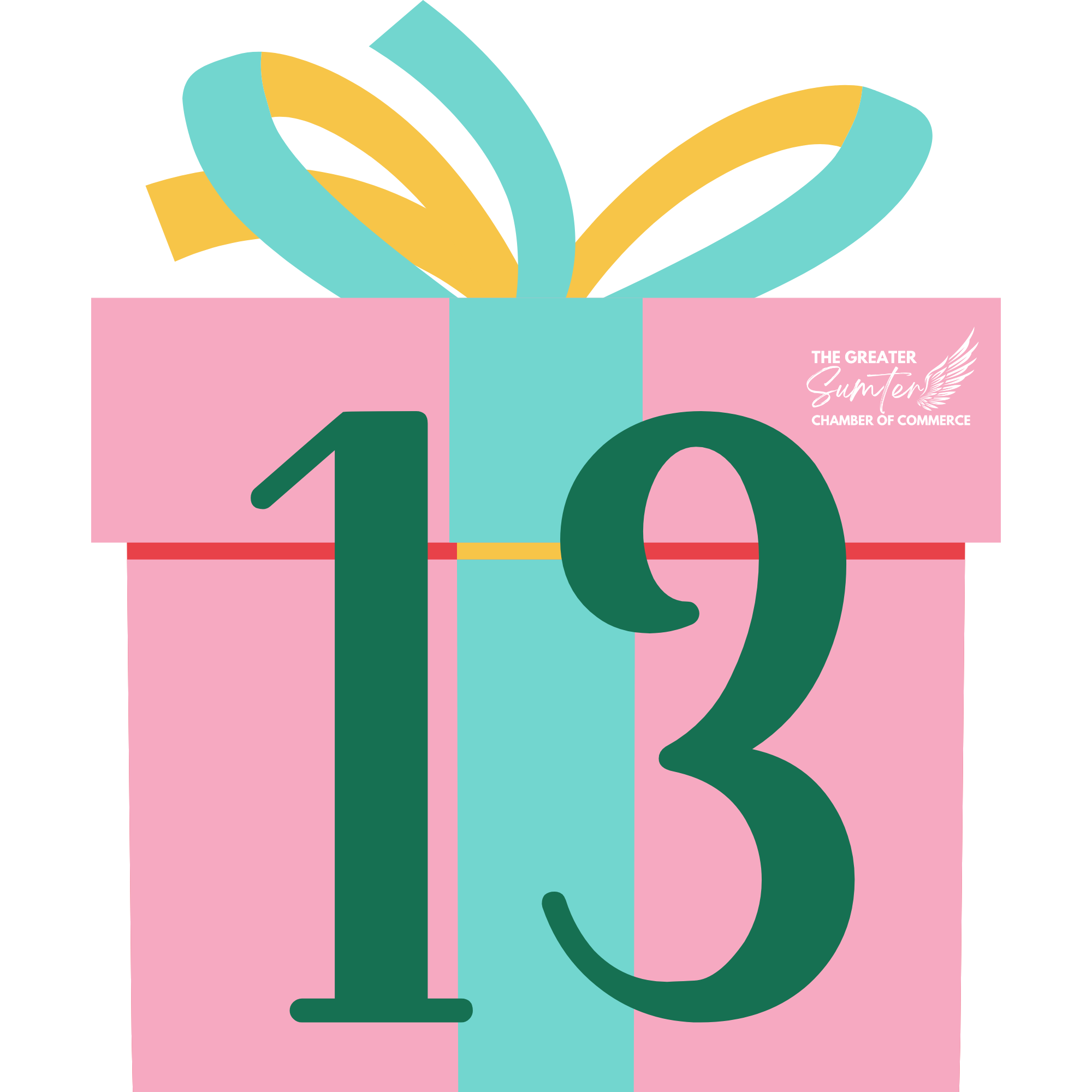 A colorful graphic design featuring a pink background with large green numbers '10' and a stylized gift box illustration on top with ribbon-like shapes and the text 'The Greater Sumter Chamber of Commerce' in pink and white.