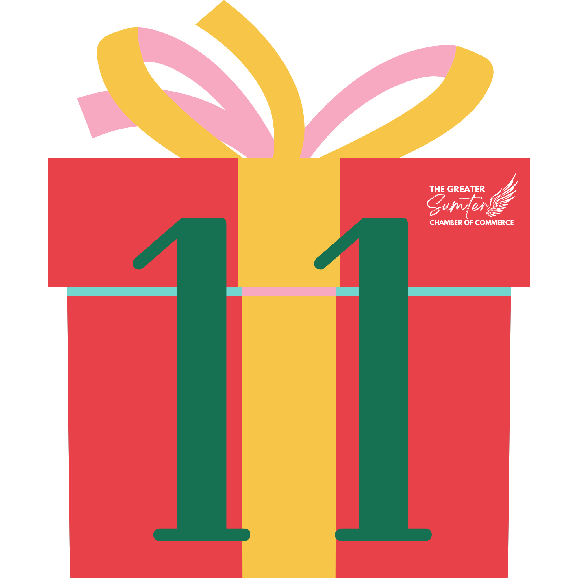 A colorful graphic of a gift box with a pink and yellow ribbon and a bow, featuring the text 'The Greater Sumter Chamber of Commerce'.