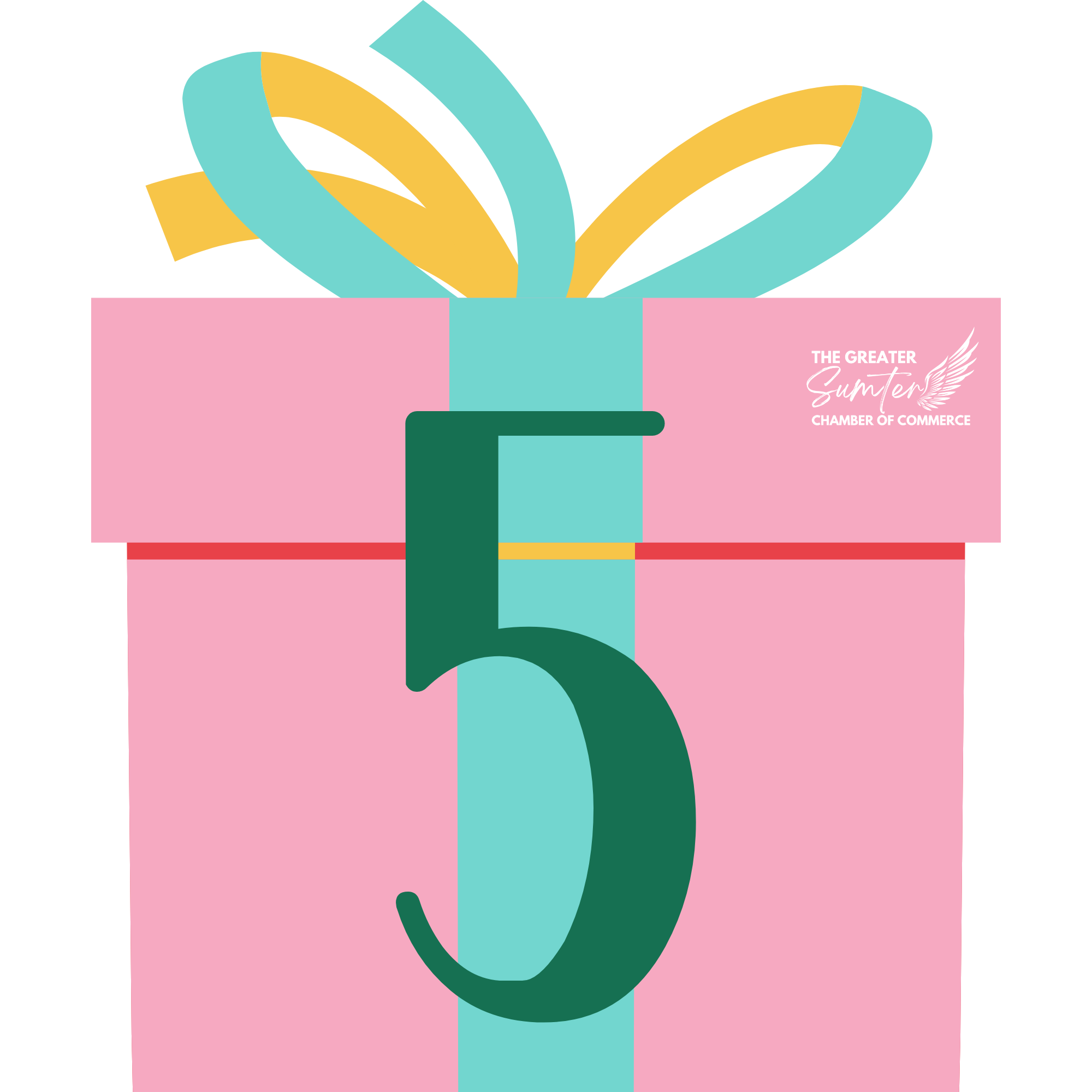 Colorful abstract illustration of a gift box with a ribbon, with the logo and text "The Greater Sumter Chamber of Commerce" on the side.