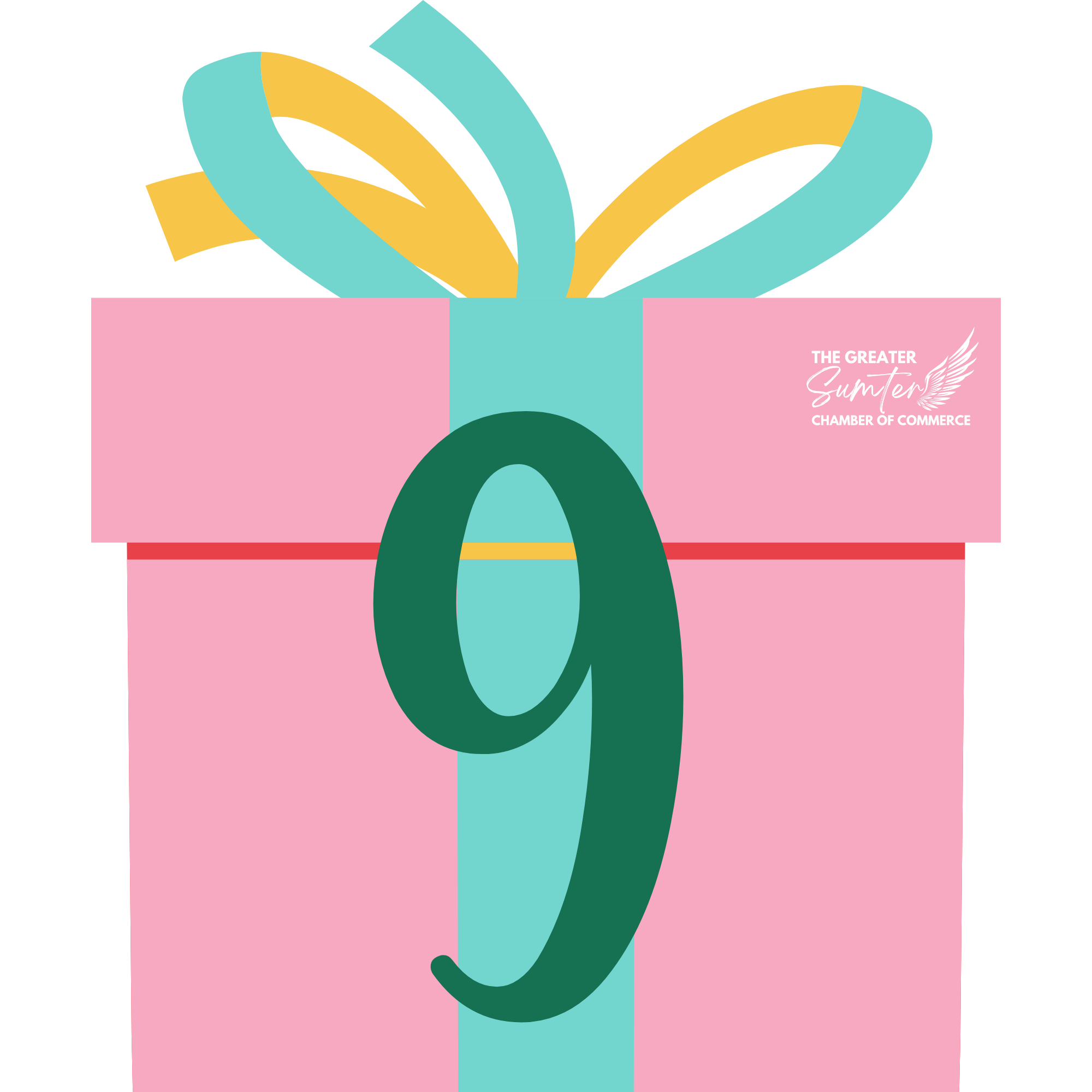 Illustration of a pink box with teal and yellow ribbons coming out, with the text "The Greater Sumter Chamber of Commerce" written on the box.