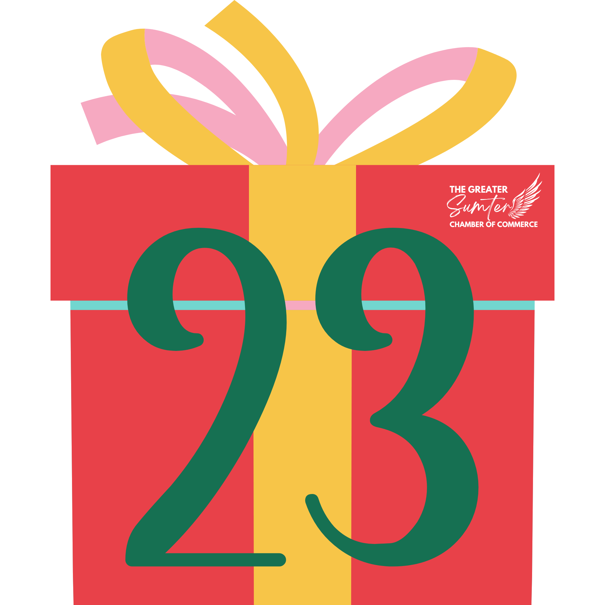Design featuring large green and red number twos on a red background with a yellow vertical stripe in the middle, and colorful abstract ribbon shapes on top, along with the text "The Greater Sumter Chamber of Commerce" in white.