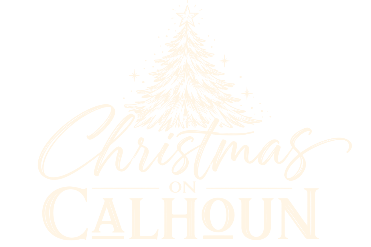 Christmas tree with a star on top and surrounded by snowflakes, with the text "Christmas on Calhoun" beneath it.