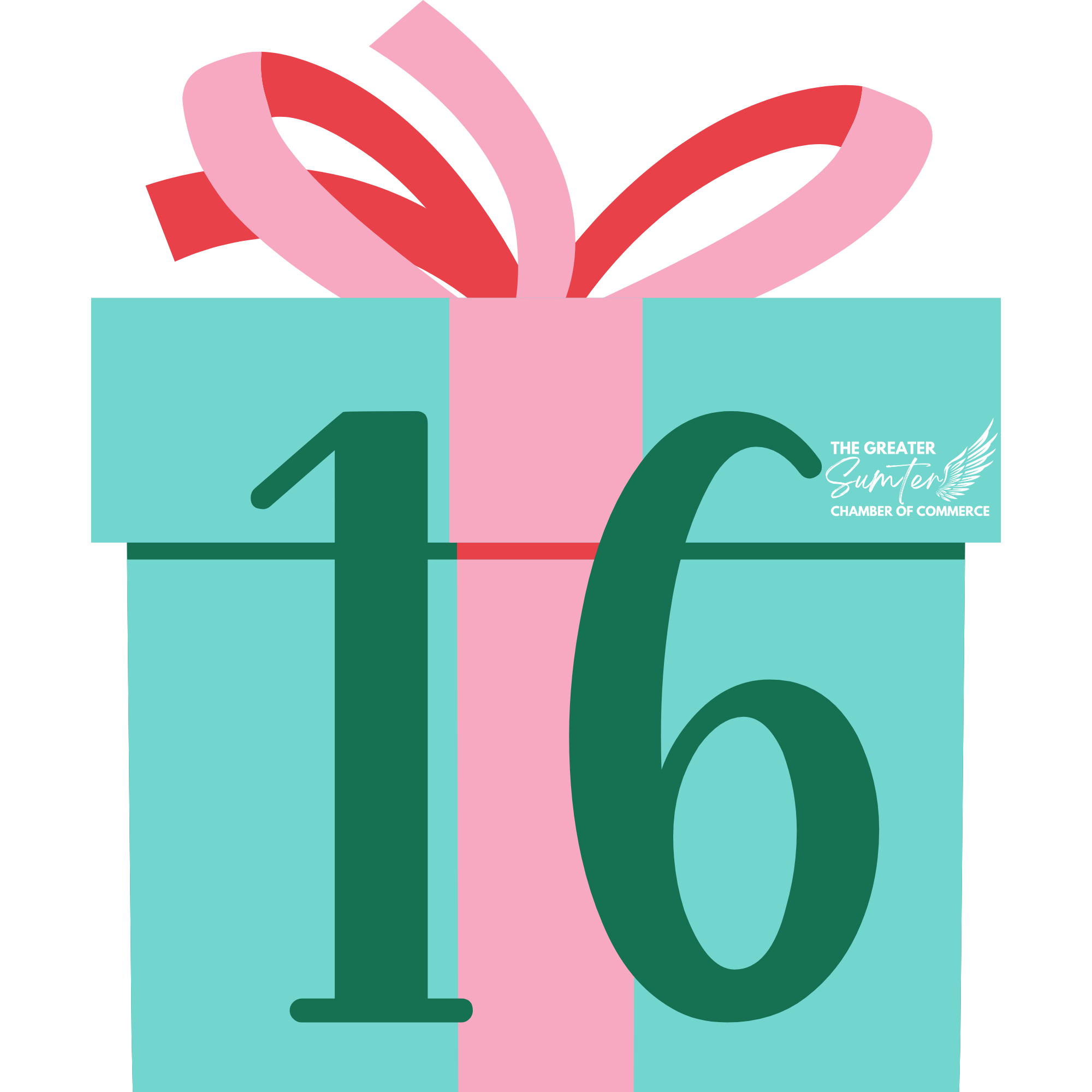 Celebration graphic featuring a teal and pink present box with the number 16 and 60, with a pink ribbon and bow, and the text "The Greater Sumter Chamber of Commerce."