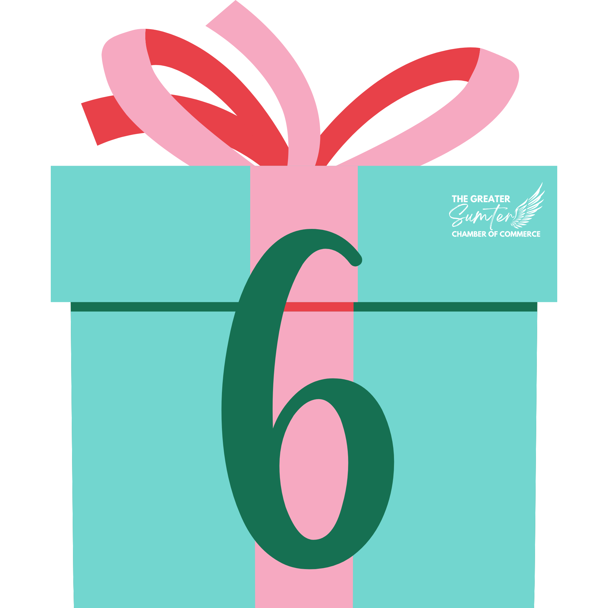 Illustration of a wrapped gift box with pink and red ribbons, featuring a logo of the Greater Sumter Chamber of Commerce with a stylized wing.